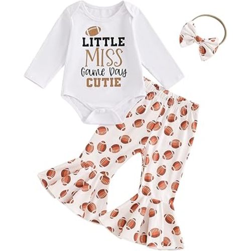 FIOMVA Baby Girl Football Outfit Rugby Romper Football Onesie Jersey+Football Flare Pant Headband Set Newborn Fall Clothes