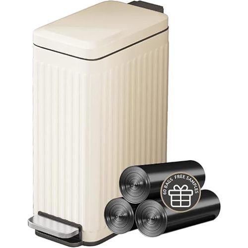 Bathroom Trash Can with Lid, Small Stainless Steel Garbage Can with Step Pedal, 10 Liter/2.6 Gallon Soft Close Slim Trash Bin, Creamy White Waste Basket for Living Room, Bedroom, Laundry Room, Office