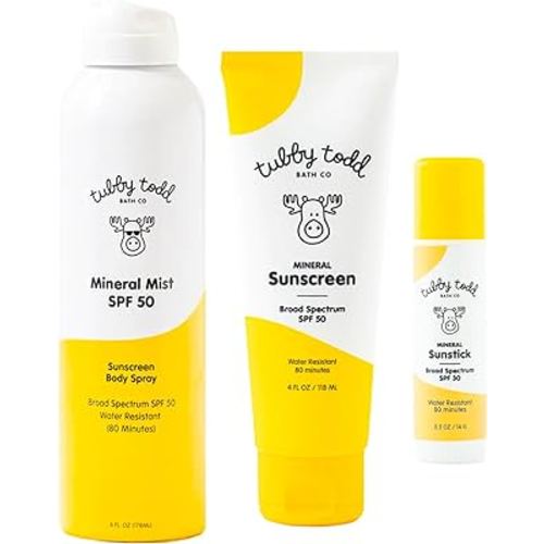 Tubby Todd Face and Body Mineral Protection Sunscreen Kit for Baby, Toddler and Kids - The Sun Bundle - Sunscreen Lotion, Sunscreen Spray and Sunstick - Standard Size Fragrance-Free
