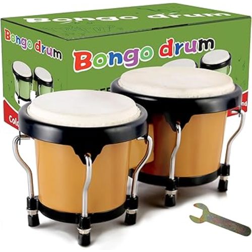 EastRock Bongo Drum 4” and 5” Set for Kids Adults Beginners,Percussion Bongos Drum With Tuning Wrench (Brown)
