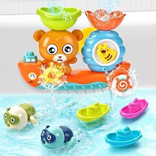 Baby Bath Toys Toddlers 1-3 Bear Kids Bath Tub Toys with 2 Turtle Swimming Wind up Water Toys & 3 Floating Boat Bathtub Toys for Infants Boys Girls 18+ Months Gifts Box Set