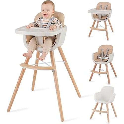 HONEY JOY Baby High Chair, 6-in-1 Eat & Grow Wooden Highchair/Toddler Chair with Removable Tray, 5-Point Harness, PU Cushion and Footrest, Convertible High Chair for Babies and Toddlers(Dark Beige)