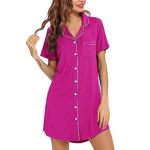 Anjue Pajama Nightgowns for Women Button Down Pajamas Tops Short/Long Sleeve Sleepwear Sleep Shirts Nightdress S-XXL