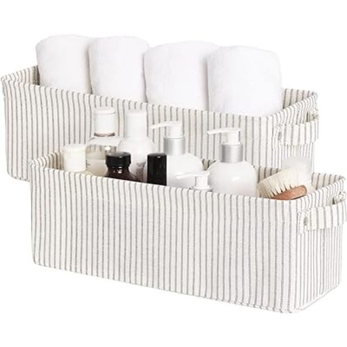 StorageWorks Narrow Storage Bins, Small Baskets for Organizing, Long Storage Basket with Handles, Fabric Storage Bins for Shelf, Gray and White Stripes, 2-Pack