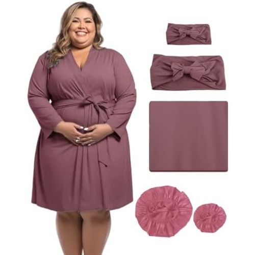 SUFEINI Maternity Robe and Matching Swaddle Blanket Set, Plus Size Women Postpartum Robes Sleepwear New Mommy Gift
