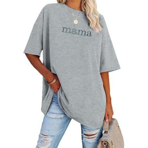 Mama Shirt Women Mama Embroidered Shirts Oversized T-Shirts Trendy Mom Short Sleeve Tee Tops