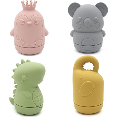 Ginbear Silicone Baby Bath Toys, Non-Toxic Mold Free Infant Squirty Bathtub Toys for Toddlers 6 Months+, Pack of 4 (Terricolous)