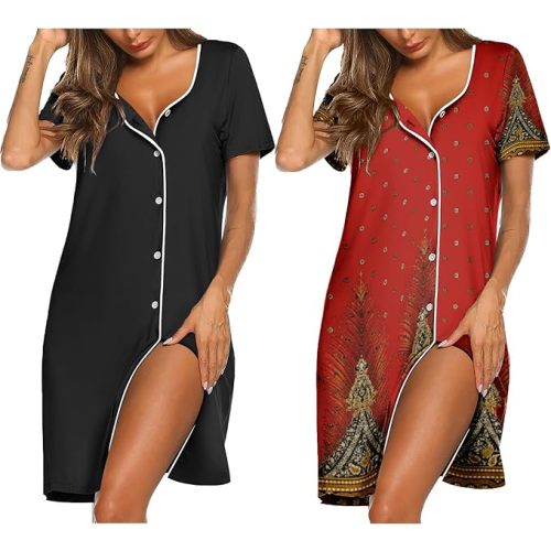 Ekouaer Nightgowns for Women 2 Pack Button Down Sleepshirt Short Sleeve Nightshirt Soft Sleepwear V Neck Pajama Dress