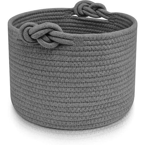 ABenkle Small Woven Basket, Cotton Rope Shelf Storage Basket, Small Round Basket, Cute Basket, Decorative Round Bin for Nursery Bedroom Bathroom, 9.4" x 9.4"x 7.1" Empty Gift Basket- Grey