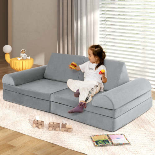 6 Pieces Convertible Kids Sofa Playset With Zipper-Gray