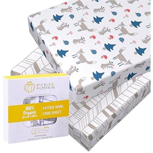 Mini Crib Sheet with Fox & Chevron Pattern - 100% Organic Cotton Pack n Play Fitted Sheet - Premium Pack n Play Sheets - Compatible as Graco Pack n Play Sheet & Mini Crib Sheets - Pickle & Pumpkin