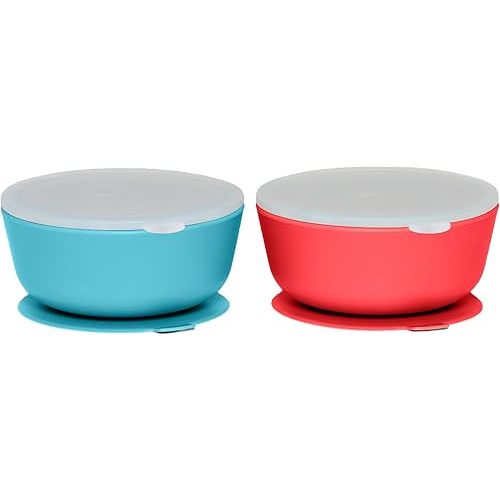 WeeSprout Suction Bowls for Baby & Toddlers (Set of 2) - 100% Silicone w/Plastic Lid - Leak Proof Feeding Supplies - Dishwasher & Microwave Safe Infant Dinnerware w/Extra Strong Base