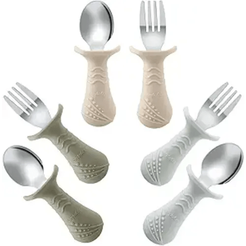 PandaEar Baby Toddler Fork and Spoon Utensil Set, 6 Pack Silicone Stainless Steel Silverware Spoon Fork for Babies Toddler, BPA Free with Silicone Holding Anti-Choke Design (Light Tan&Walnut&Grey)