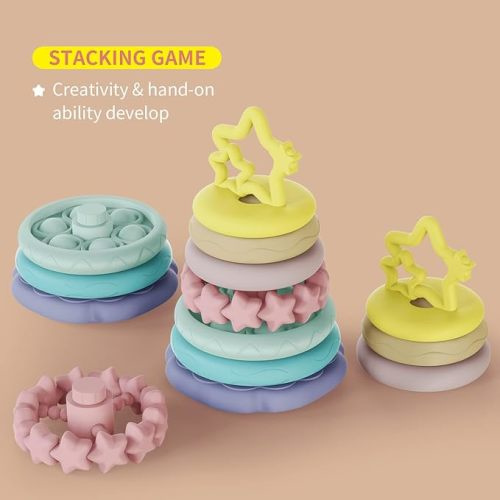 Baby Montessori Sensory Toys, Stacking Rings Soft Baby Blocks for 6 9 12 18 Months One 1 Year Old Boys Girls, Early Learning Baby Gifts, Development Infant Teething Toys
