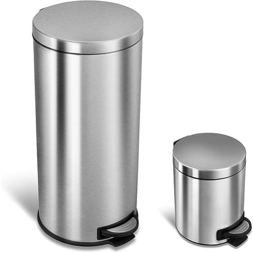 8 Gallon and 1.2 Gallon Combo Set Round Stainless Steel Step on Trash Can, Fingerprint-Resistant Soft Close Lid Hands-Free Trash can, Removable Plastic Inner Bucket Waste Bin, 8 Gal 30L & 1.2 Gal 5L