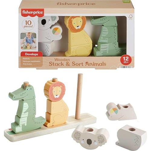 Fisher-Price Wood Baby Toy Stack & Sort Animals, 10 Wooden Pieces, Ages 1+ Years