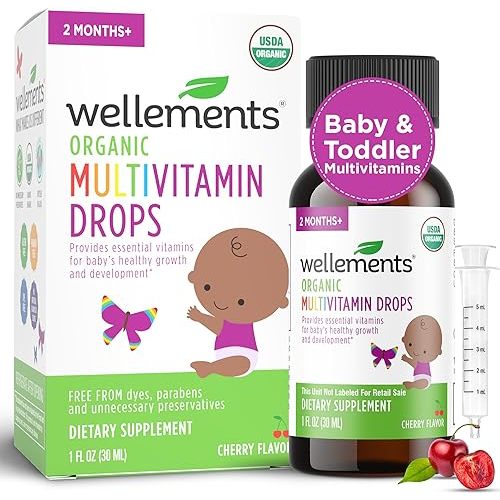 Wellements Organic Baby Multivitamin Drops (1 Fl Oz) - Cherry Flavor Liquid Multivitamins for Infants & Toddlers (2 Months+) - Toddler Vitamins for Immune Support*, Healthy Growth & Bone Development*