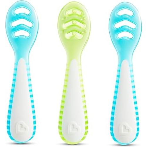 Munchkin® Gentle Dip™ Multistage First Spoon Set for Baby Led Weaning, Self Feeding, Solids & Purees, 3 Pack, Blue/Green