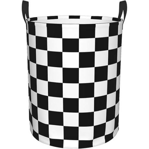 Black And White Checkered Pattern Round Laundry Hamper Checkerboard Storage Basket Toys Clothes Organizer Bin For Home Bathroom Bedroom Dorm Nursery, 38l