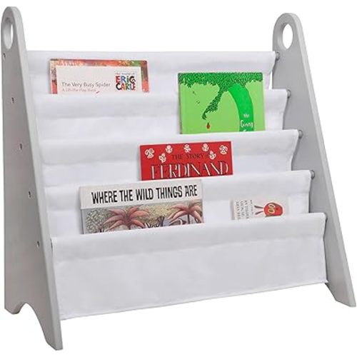 Wildkin Kids Modern Sling Bookshelf for Boys and Girls, Wooden Design Features Two Top Handles and Four Fabric Shelves, Helps Keep Bedrooms, Playrooms, and Classrooms Organized (Gray w/White)