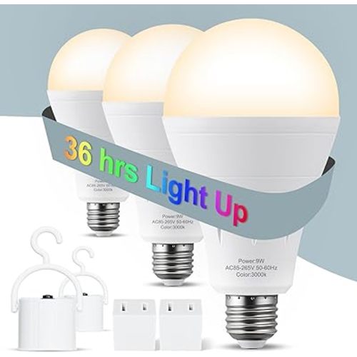 3 Pack Rechargeable Light Bulbs, Battery Emergency Light Bulb 9W Up to 24 Hours, 3000K Soft White, Battery Backup Light Bulb for Home Power Failure