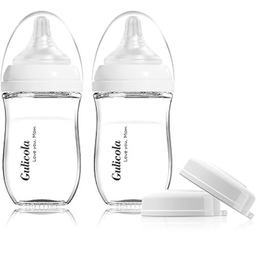 Gulicola Natural Glass Baby Bottle for Breastfeeding Babies, Newborn Anti-Colic Bottle Set with Slow Flow Nipple, 0-3 Months, 5 oz, 2 Pack - White