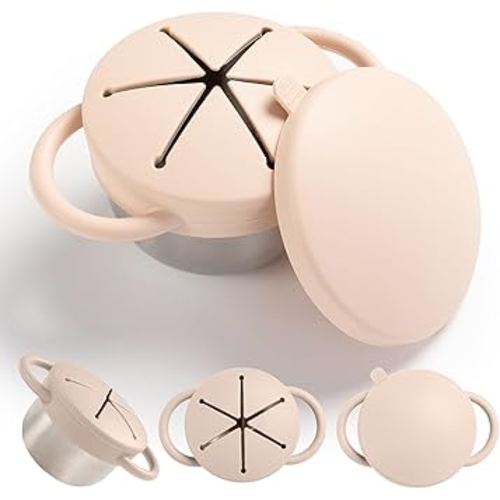 1 Pack Snack Containers for Toddlers, 3-in-1 Stainless Steel Toddler Snack Cups with Removable Silicone Food Catcher & Travel Lids, No-Spill Snack Container for Baby Self-feeding
