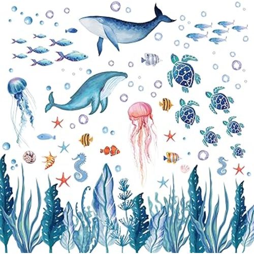 Whaline 143 Pieces Ocean Wall Decals Watercolor Under The Sea Wild Life Animals Wall Stickers Waterproof Peel and Stick Removable Murals for DIY Nursery Bedroom Living Room Bathroom Wall Art Decor