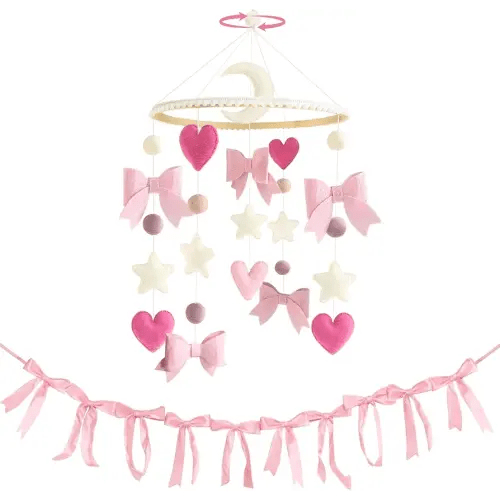 Pink Bow Baby Crib Mobile with Pink Ribbon Bow Garland Banner Handmade Coquette Birthday Party Decorations Bow Nursery Decor Girls Bedroom Hanging Mobile for Baby Shower Newborn Gifts
