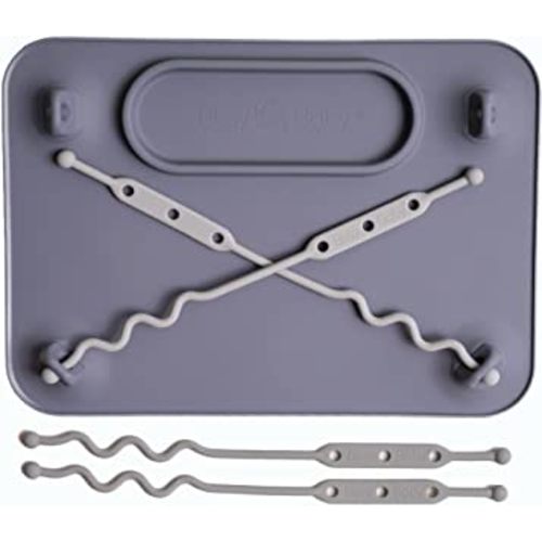 BUSY BABY Silicone Placemat - Built-in Suction Cups - 4 Toy Tethers for Babies Toddlers and Kids - Food Grade Silicone - 8.5 x 11 in - Comes with Travel Sleeve - Dishwasher Safe - Pewter