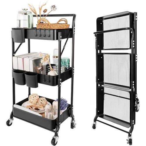 3 Tier Foldable Rolling Cart with Wheels, Folding Utility Cart Organizer, Collapsible Rolling Storage Cart with 3 Hanging Cups & 6 Hooks for Kitchen, Office, Nursery(Black)