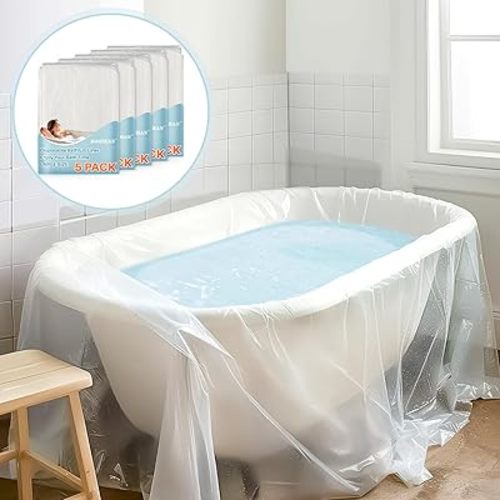 Disposable Bathtub Cover Liner - 5 PACK 102 x 47 Inch Large Size Transparent Plastic Bathtub Liner Portable Bath Tub Bag with An Adhesive Tape Ideal for Travel Salon Spa Household Hotel Pet Bathing