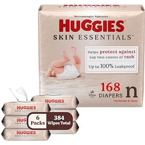 Bundle of Huggies Size Newborn Diapers, Skin Essentials Baby Diapers, Size Newborn (6-9 lbs), 168 Count + Huggies Skin Essentials Baby Wipes, 99% Water, 6 Flip Top Packs (336 Wipes Total)