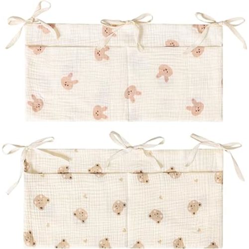 Hanging Storage Bags for Crib, 2-Pack Diaper Bag Organizers Crib Baby Nappy Bags Cribs Accessories for Bed Playpen, Bunk Organizing Bag Muslin Bedside Pockets for Milk Bottle/Toy/Diaper (Bear & Bunny)
