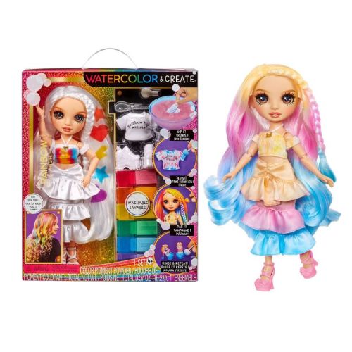 Rainbow High Watercolor & Create Fashion DIY Doll with Washable Watercolors + Tie-Dye Kit, Brown Eyes, Curled Hair, Bonus Top & Shoes