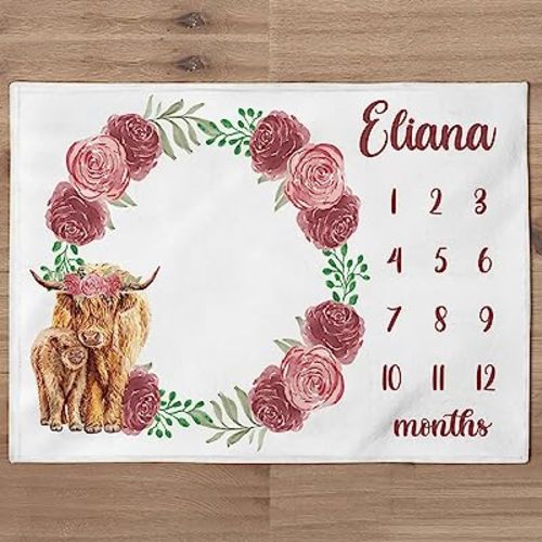 IZI POD Highland Cow Mile Stone Blanket- Farm Girl Blanket- Personalized Floral Wreath Baby Girl Month Blanket, Baby Girl Blanket, Baby Monthly Blanket, New Born Gifts