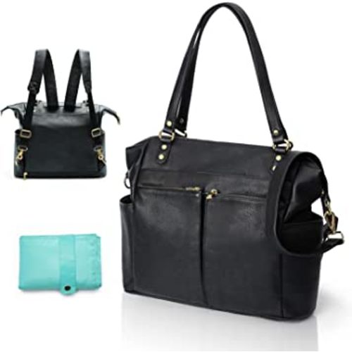 MOMINSIDE Diaper Bag Tote, Leather Diaper Bag Backpack with 14 Pockets, Convertible Baby Bag for Boys Girls, Baby Registry, Changing Pad, Large 4 Insulated Pockets(Black)