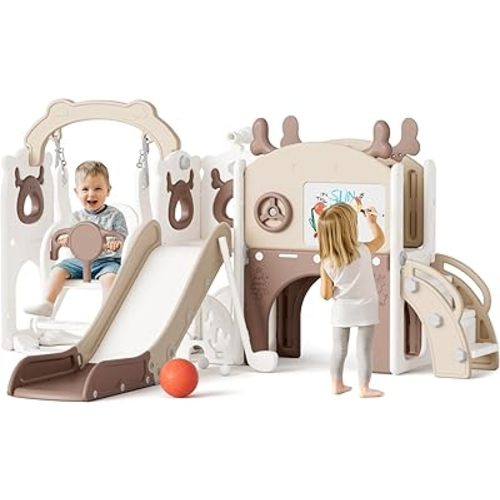 Mloong 12 in 1 Toddler Slide and Swing Set, Kids Slide for Toddlers 1-3 Years Old Baby, Indoor Outdoor with Basketball Hoop Drawing Golf for Kids Easy Assembly(Beige & Rosy Brown)(82×67×41in)