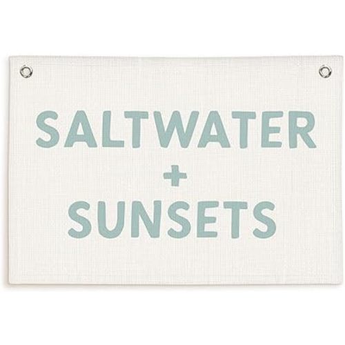 Beach Theme Wall Decor for Boys Room, Coastal Kids Playroom Nursery Hanging Sign, Saltwater + Sunsets Linen Canvas Banner, Rustic Nautical Surf, 30x20 Inch