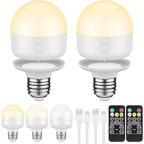 2Packs E26 Rechargeable Light Bulbs with Remote Control, 5W 350lm Magnetically Battery Operated Light Bulbs 2000mAh, 3 Color Temperature, Timer, Dimmer for Non-Hardwired Lamp