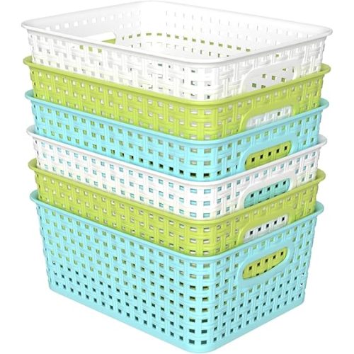 Xyskin 6-Pack Plastic Small Storage Weave Baskets, Nesting Shelf Basket for Cabinets and Pantry
