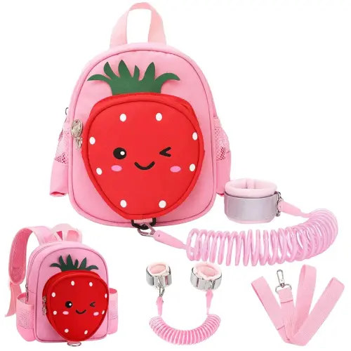Toddler Backpack with Leash, Accmor 4 in 1 Kids Mini Backpacks with Anti Lost Wrist Link, Cute Child Harness Bag Rein for Outdoor, Strawberry Back Pack Rope Tether for Baby Girls Aged 1-3 Years (Pink)