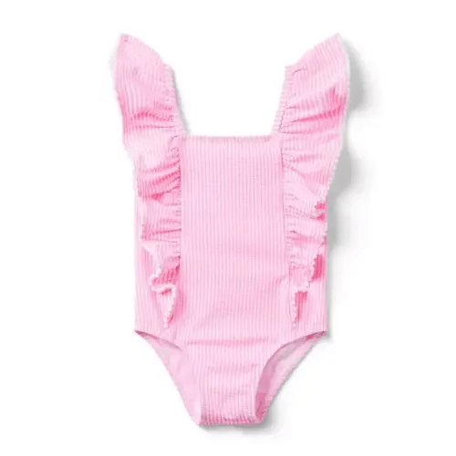 Pink Stripe Recycled Striped Ruffle Swimsuit by Janie and Jack | 12-18 Months