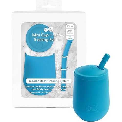 ezpz Mini Cup + Straw Training System - 9 Months+ (Blue) - 100% Silicone Training Cup for Infants + Toddlers - Designed by a Pediatric Feeding Specialist