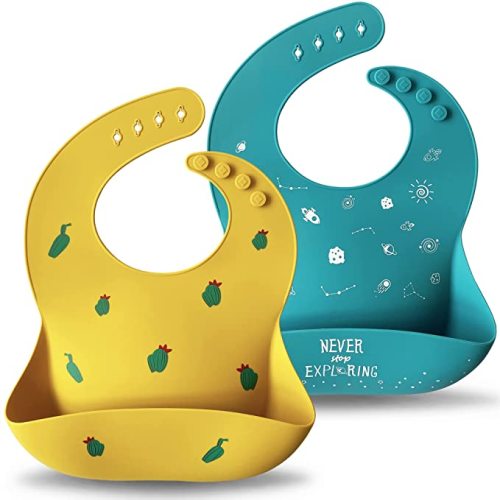 Moonkie Silicone Baby Bibs with Large Pocket Food Catcher, Set of 2 - (Teal/Kodak)