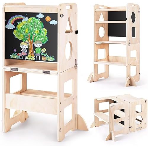 4-in-1 Toddler Kitchen Step Stool, Foldable Learning Standing Tower with Blackboard, Wooden Kitchen Stool Helper for Kids, 1-3 Year Old Boy Girl Gifts