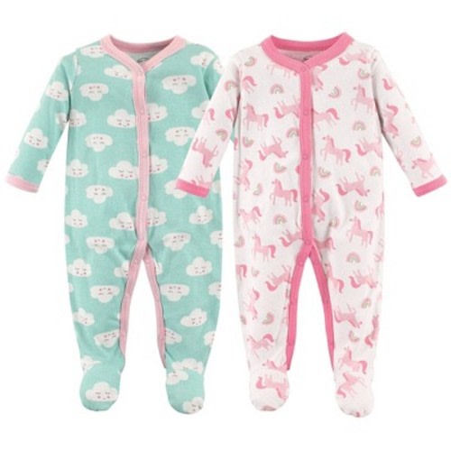 Luvable Friends Baby Girl Cotton Snap Sleep and Play 2pk, Unicorns, 3-6 Months