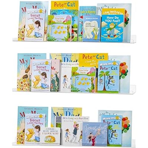 24 inch Clear Acrylic Floating Shelves Wall, Bookshelf for Kids, Magazine Rack, Picture Ledge Shelf Storage of Books,Picture,Toys, Vinyl Records and Small Ornaments on Wall, Pack of 3