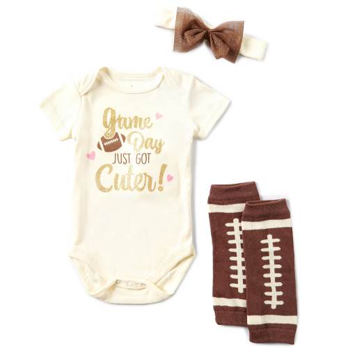 Baby Starters Baby Girls 3-12 Months Short Sleeve Game Day Bodysuit & Football Print Leg Warmers & Bow-Accented Headband Set