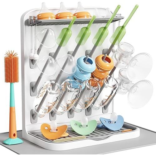 Lifewit Large Baby Bottle Drying Rack with Drain Mat, 15 Hooks Vertical Rack Dryer with Removable Pacifiers Box, Drip Tray, Space Saving Countertop Holder Organizer for Weighted Straws, Pump Parts
